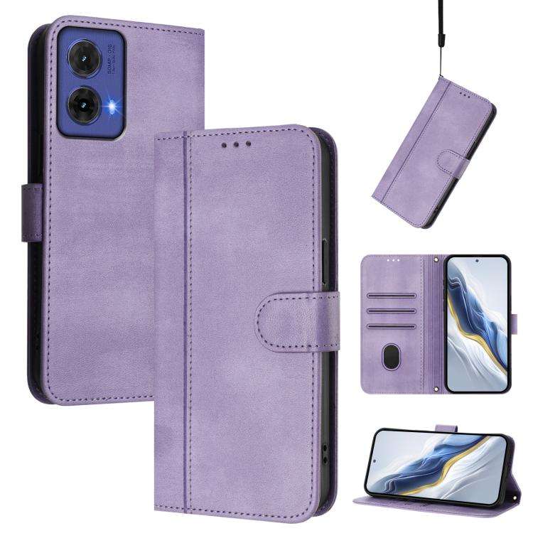 For Motorola Moto G85 5G Line Splicing Buckle Retro Leather Phone Case(Purple)