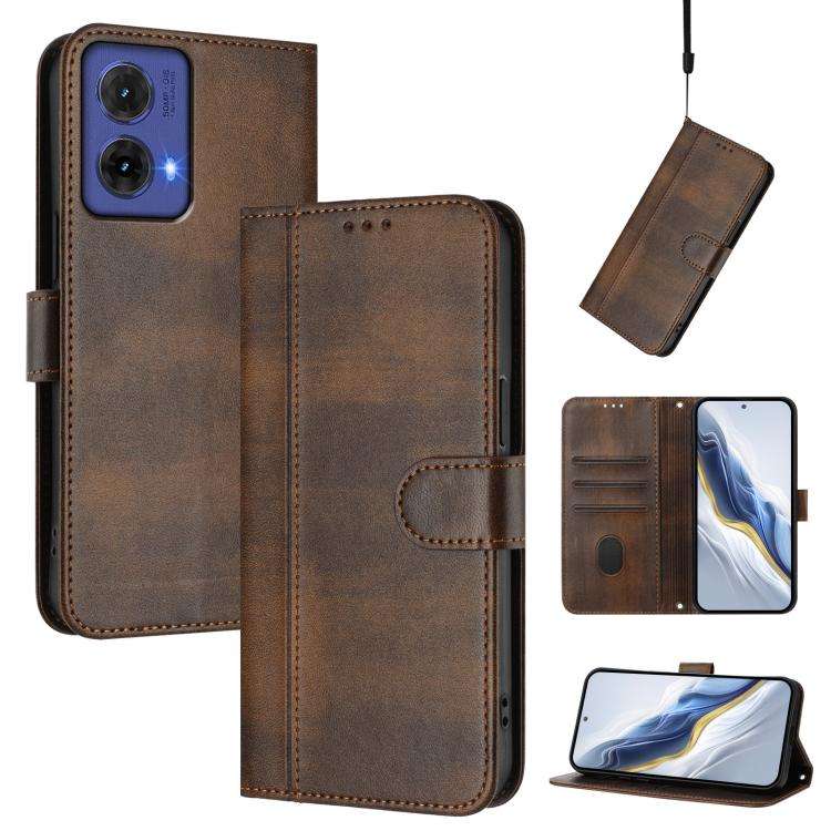 For Motorola Moto G85 5G Line Splicing Buckle Retro Leather Phone Case(Brown)