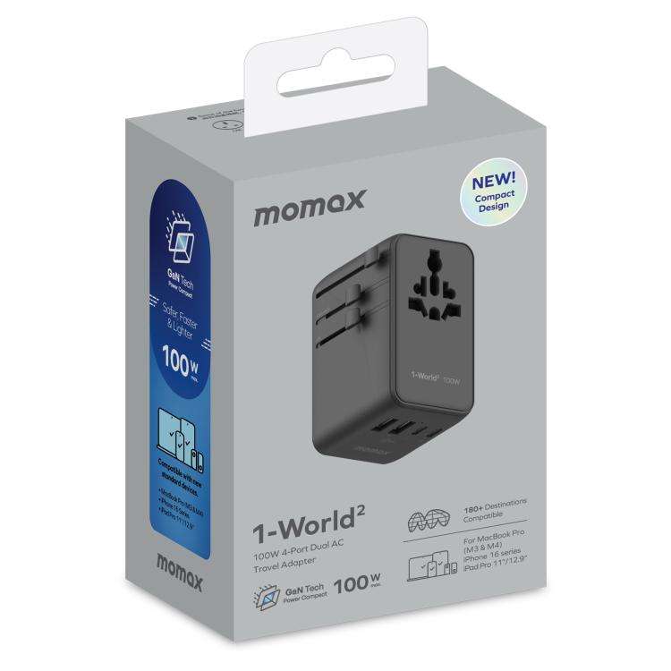 MOMAX UA23 1-World 2 4-Port Mini Universal Travel GaN Charger 100W with Dual AC(Black)