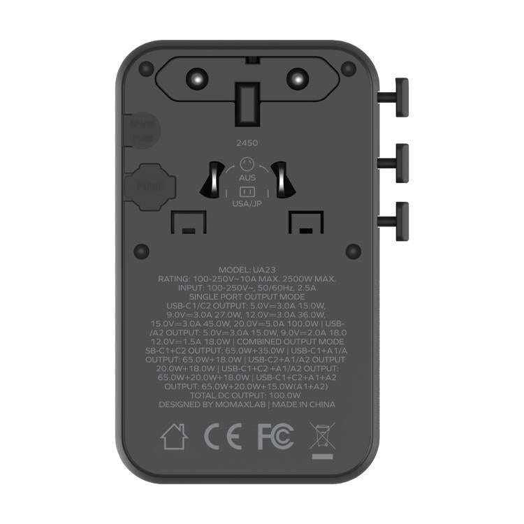 MOMAX UA23 1-World 2 4-Port Mini Universal Travel GaN Charger 100W with Dual AC(Titanium)