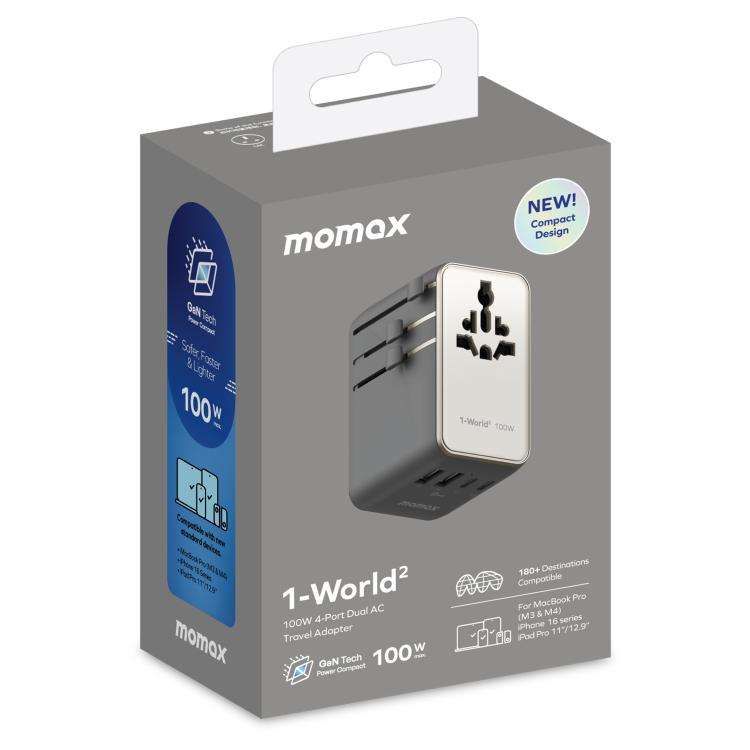 MOMAX UA23 1-World 2 4-Port Mini Universal Travel GaN Charger 100W with Dual AC(Titanium)