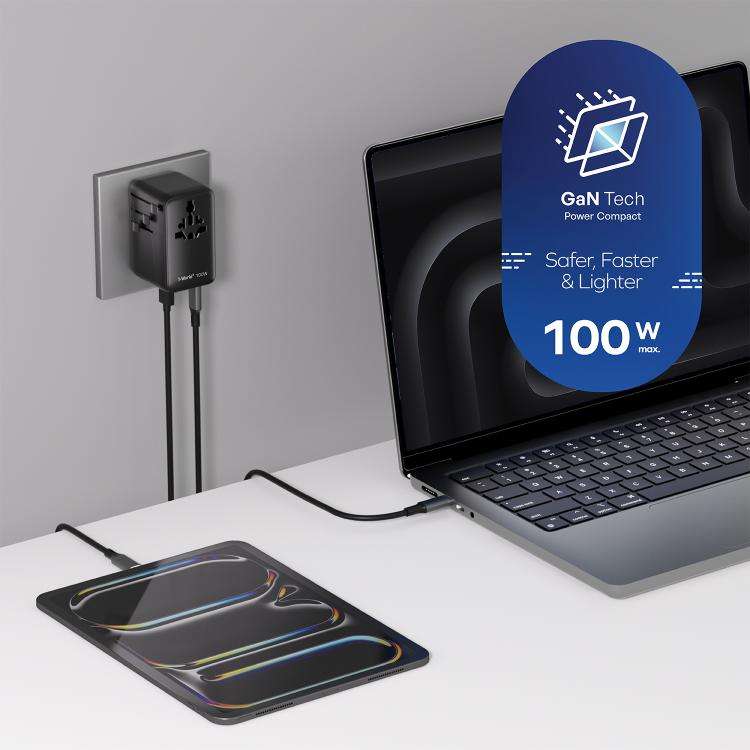 MOMAX UA23 1-World 2 4-Port Mini Universal Travel GaN Charger 100W with Dual AC(Titanium)