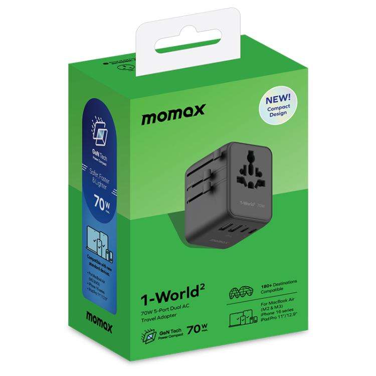 MOMAX UA22 1-World2 70W Dual AC Mini GaN Global Travel Fast Charging Socket(Black)
