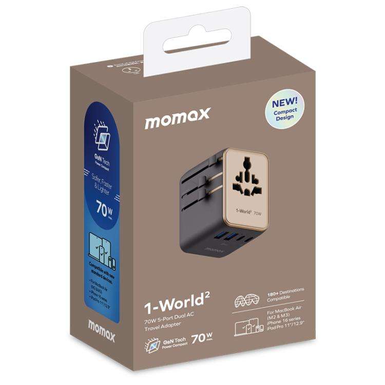 MOMAX UA22 1-World2 70W Dual AC Mini GaN Global Travel Fast Charging Socket(Desert Gold)