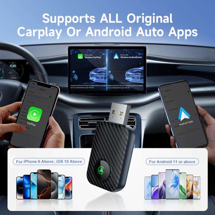 2 in 1 USB Wired to Wireless Car CarPlay / Android Box Adapter, with USB and Type-C Cable(Black)