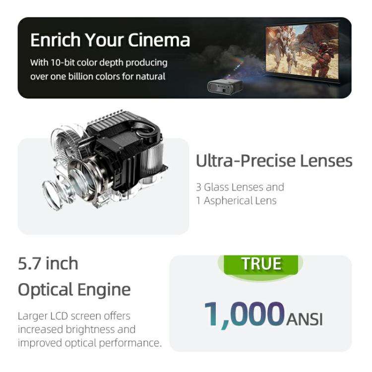 AUN AKEY9S 1080P 1000ANSI Autofocus WIFI Display Smart Projector, UK Plug(Black)