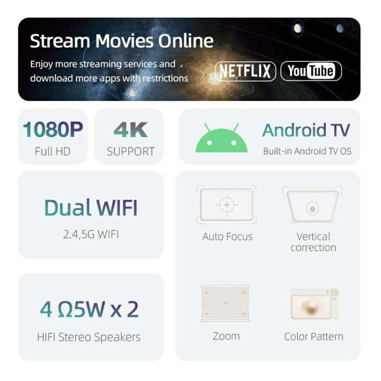 AUN AKEY9S 1080P 1000ANSI Autofocus WIFI Display Smart Projector, UK Plug(Black)