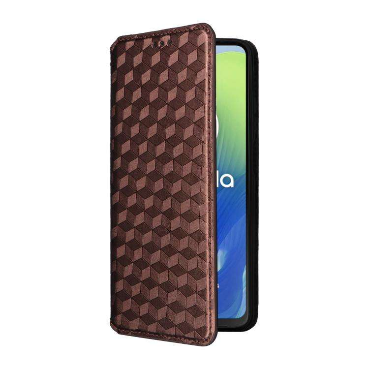 For Motorola Moto E14 / G04 / G04S / G24 Cubic Grid Texture Flip Leather Phone Case(Brown)