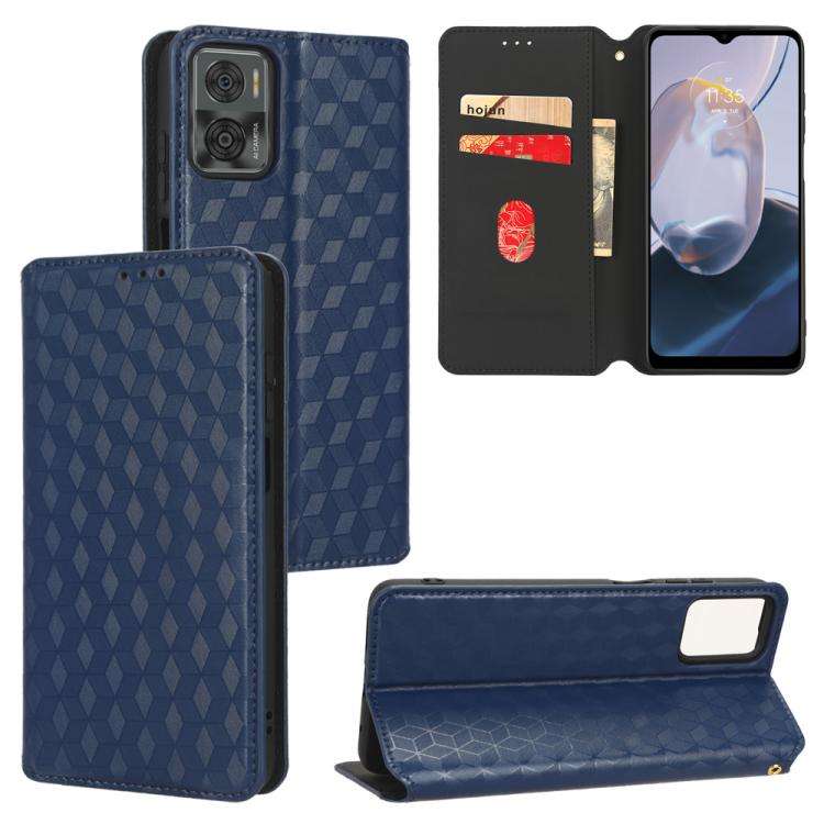 For Motorola Moto E22 4G / E22i 4G Cubic Grid Texture Flip Leather Phone Case(Blue)