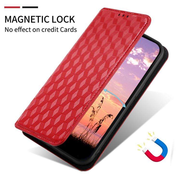 For Motorola Moto E32 4G / E32s Cubic Grid Texture Flip Leather Phone Case(Red)