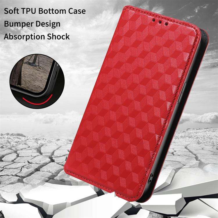 For Motorola Moto E32 4G / E32s Cubic Grid Texture Flip Leather Phone Case(Red)