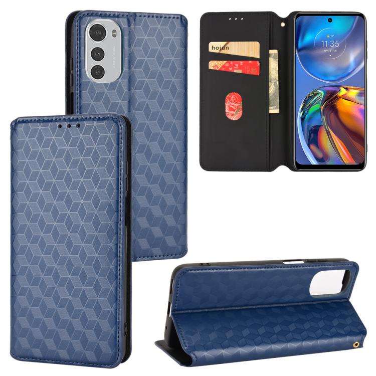 For Motorola Moto E32 4G / E32s Cubic Grid Texture Flip Leather Phone Case(Blue)