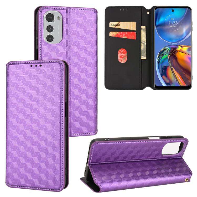 For Motorola Moto E32 4G / E32s Cubic Grid Texture Flip Leather Phone Case(Purple)