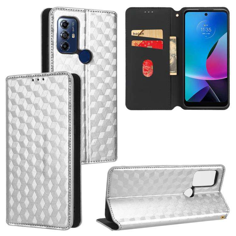 For Motorola Moto G Play 2023 Cubic Grid Texture Flip Leather Phone Case(Silver)