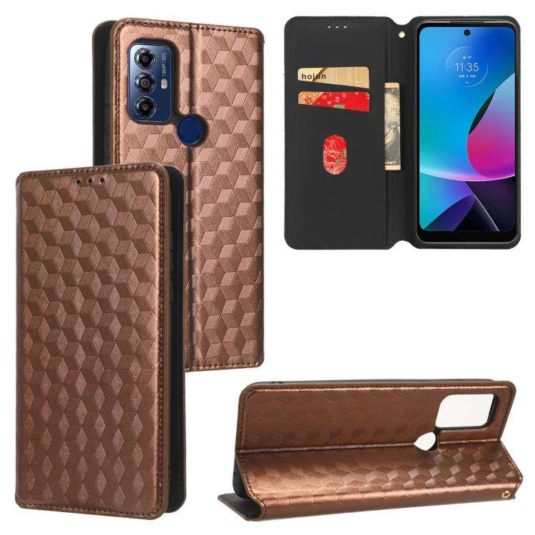 For Motorola Moto G Play 2023 Cubic Grid Texture Flip Leather Phone Case(Brown)