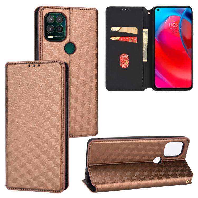 For Motorola Moto G Stylus 5G 2021 Cubic Grid Texture Flip Leather Phone Case(Brown)