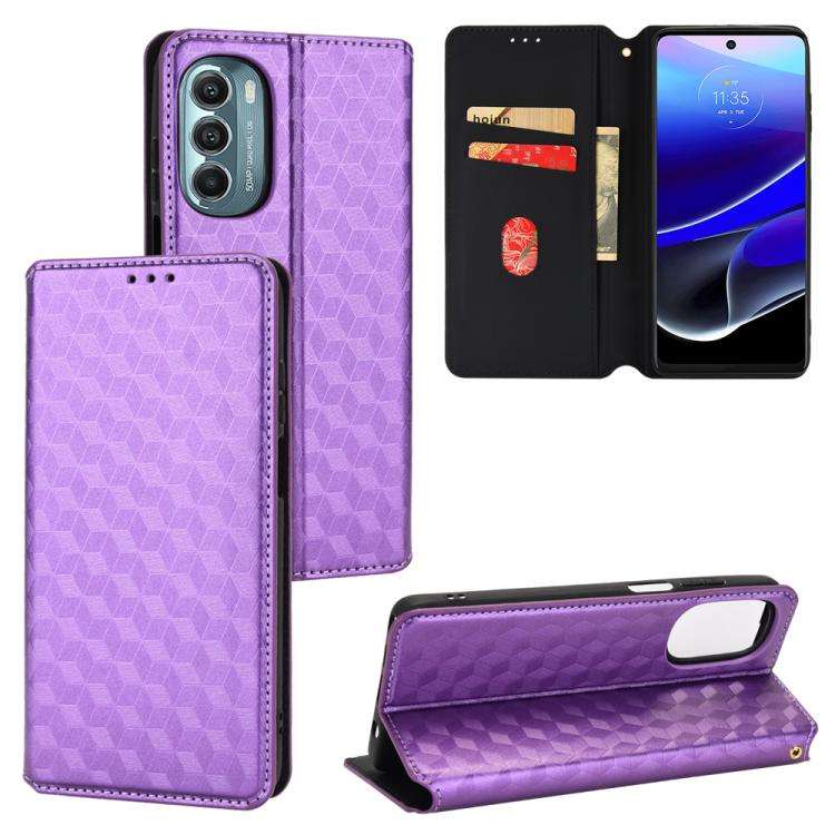 For Motorola Moto G Stylus 5G 2022 Cubic Grid Texture Flip Leather Phone Case(Purple)