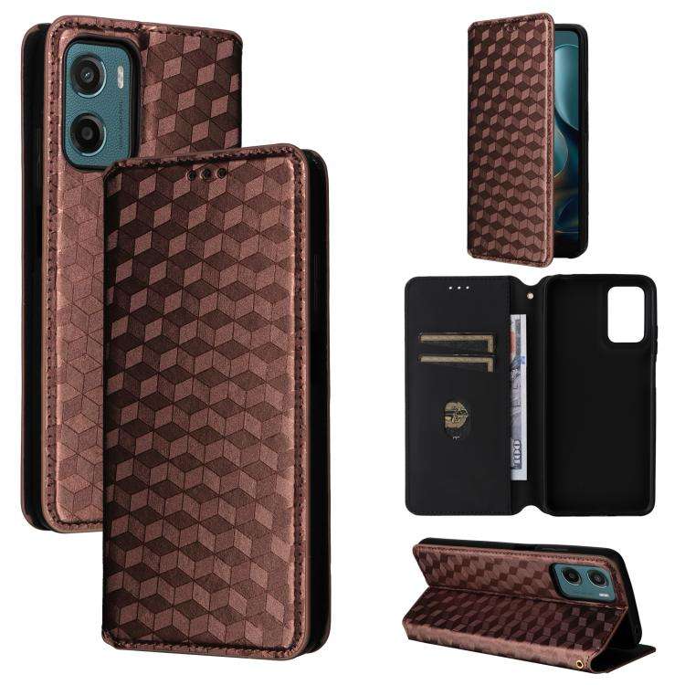 For Motorola Moto G05 4G / E15 4G Cubic Grid Texture Flip Leather Phone Case(Brown)