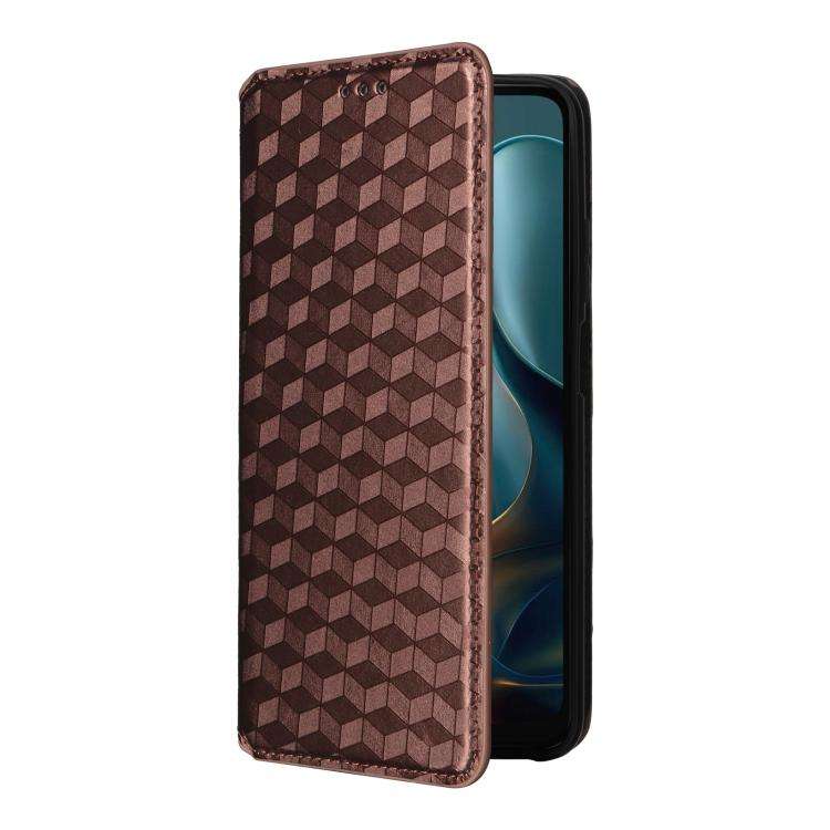 For Motorola Moto G05 4G / E15 4G Cubic Grid Texture Flip Leather Phone Case(Brown)