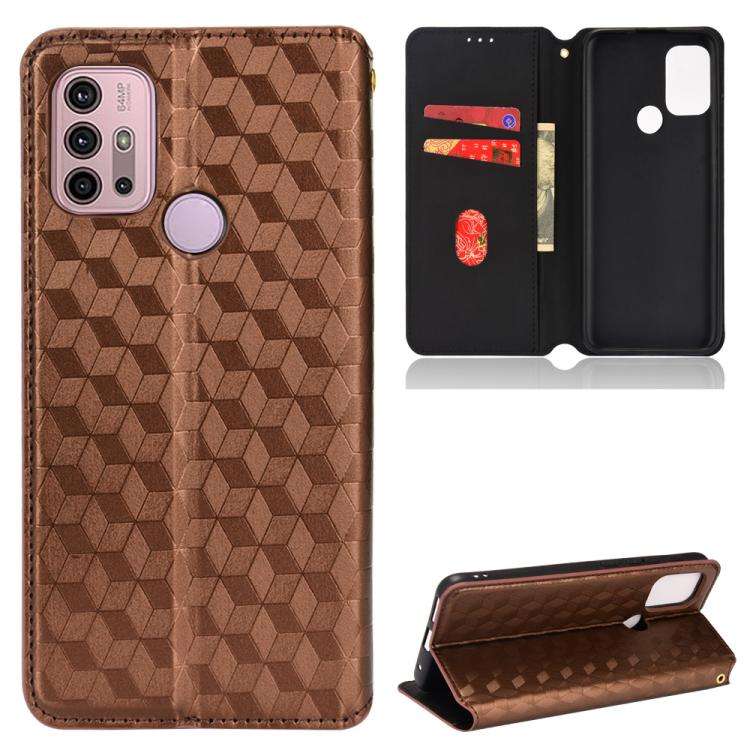 For Motorola Moto G10 / G10 Power Cubic Grid Texture Flip Leather Phone Case(Brown)