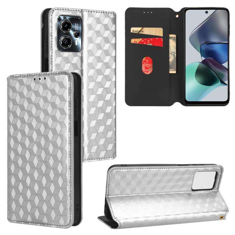 For Motorola Moto G13 / G23 Cubic Grid Texture Flip Leather Phone Case(Silver)