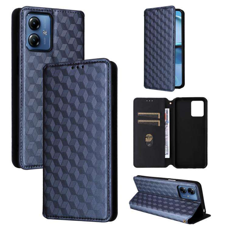 For Motorola Moto G14 4G Cubic Grid Texture Flip Leather Phone Case(Blue)