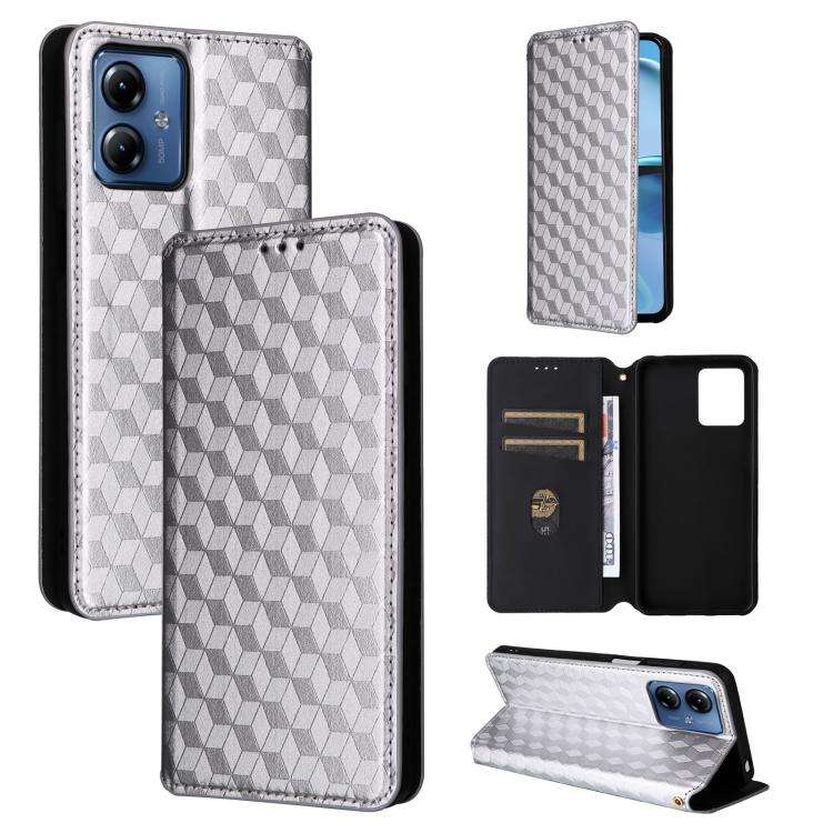 For Motorola Moto G14 4G Cubic Grid Texture Flip Leather Phone Case(Silver)