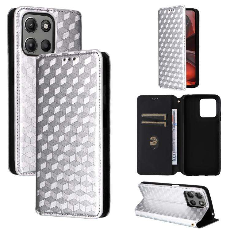 For Motorola Moto G15 4G / G15 Power 4G Cubic Grid Texture Flip Leather Phone Case(Silver)