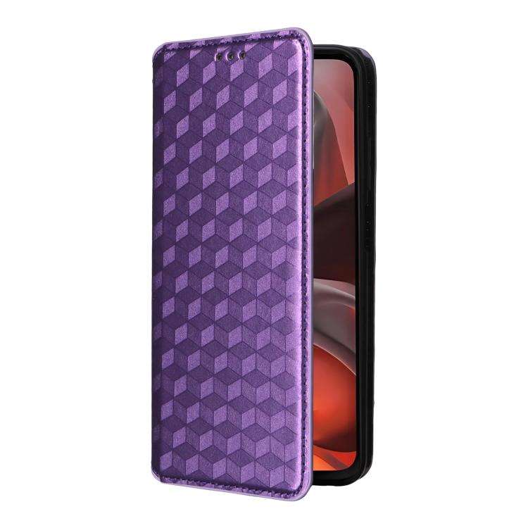 For Motorola Moto G15 4G / G15 Power 4G Cubic Grid Texture Flip Leather Phone Case(Purple)