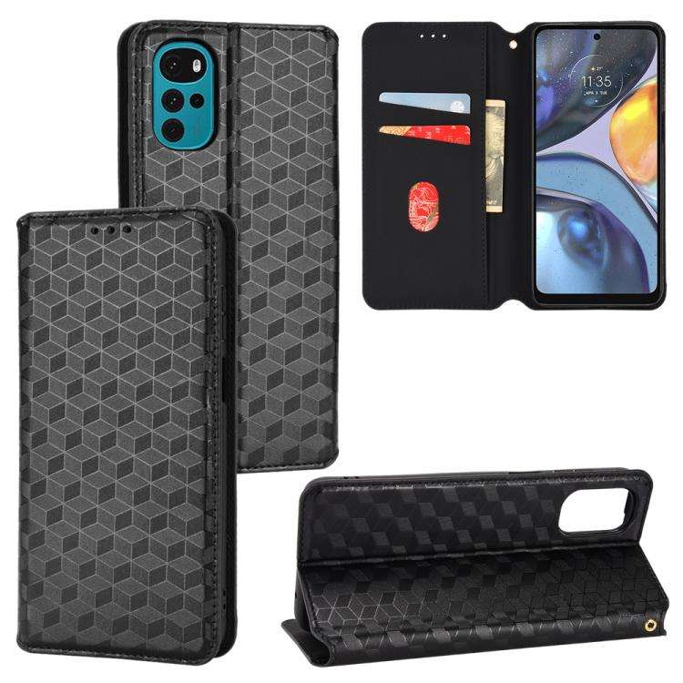 For Motorola Moto G22 4G Cubic Grid Texture Flip Leather Phone Case(Black)