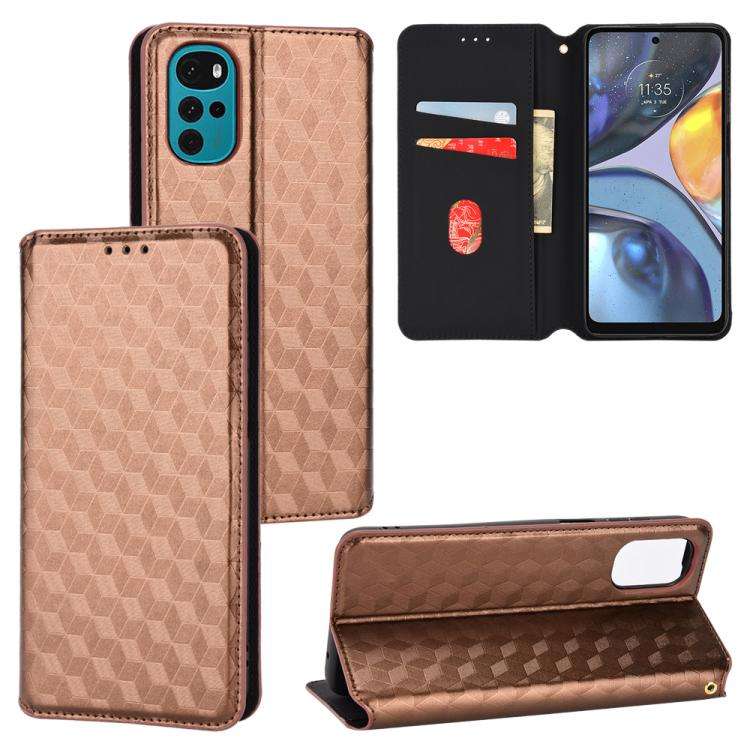 For Motorola Moto G22 4G Cubic Grid Texture Flip Leather Phone Case(Brown)