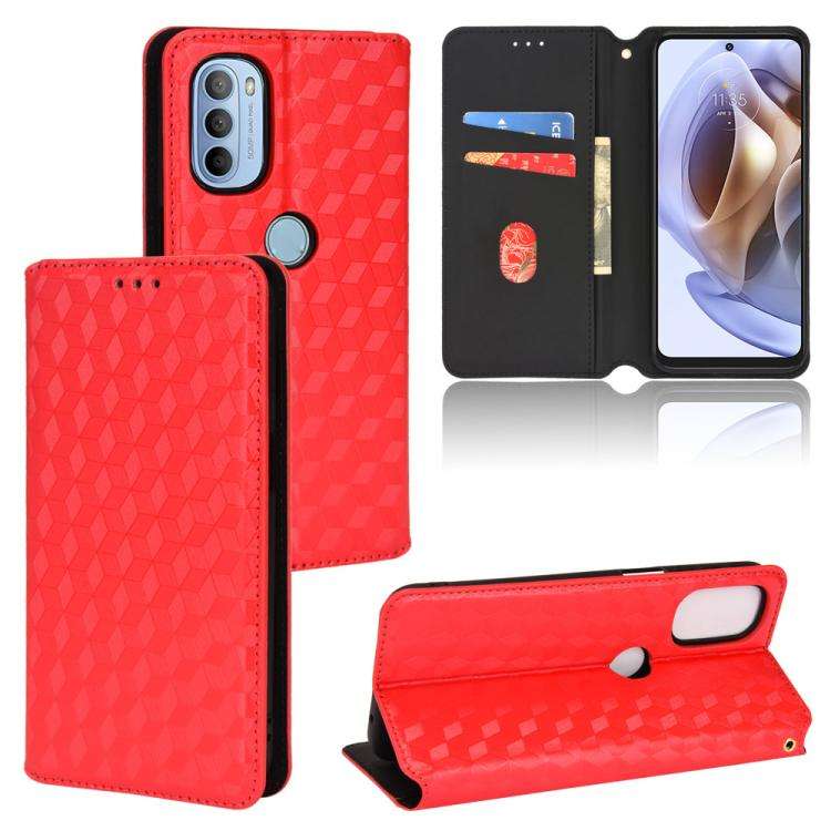 For Motorola Moto G31 / G41 Cubic Grid Texture Flip Leather Phone Case(Red)