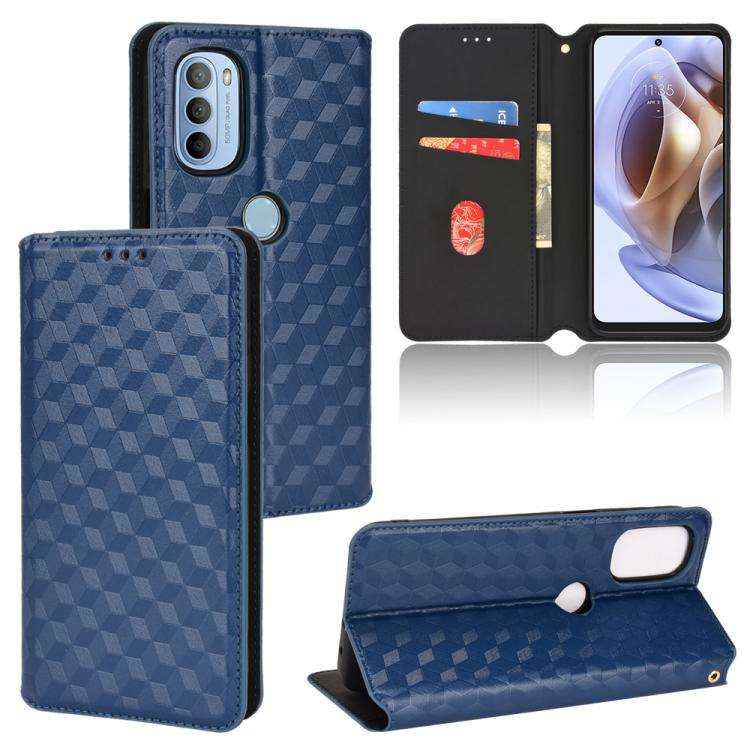 For Motorola Moto G31 / G41 Cubic Grid Texture Flip Leather Phone Case(Blue)