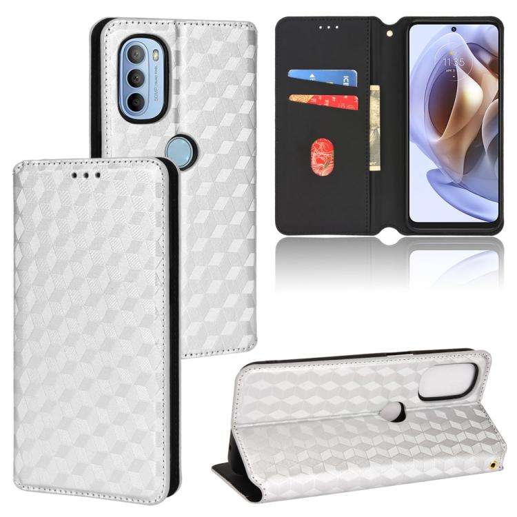 For Motorola Moto G31 / G41 Cubic Grid Texture Flip Leather Phone Case(Silver)
