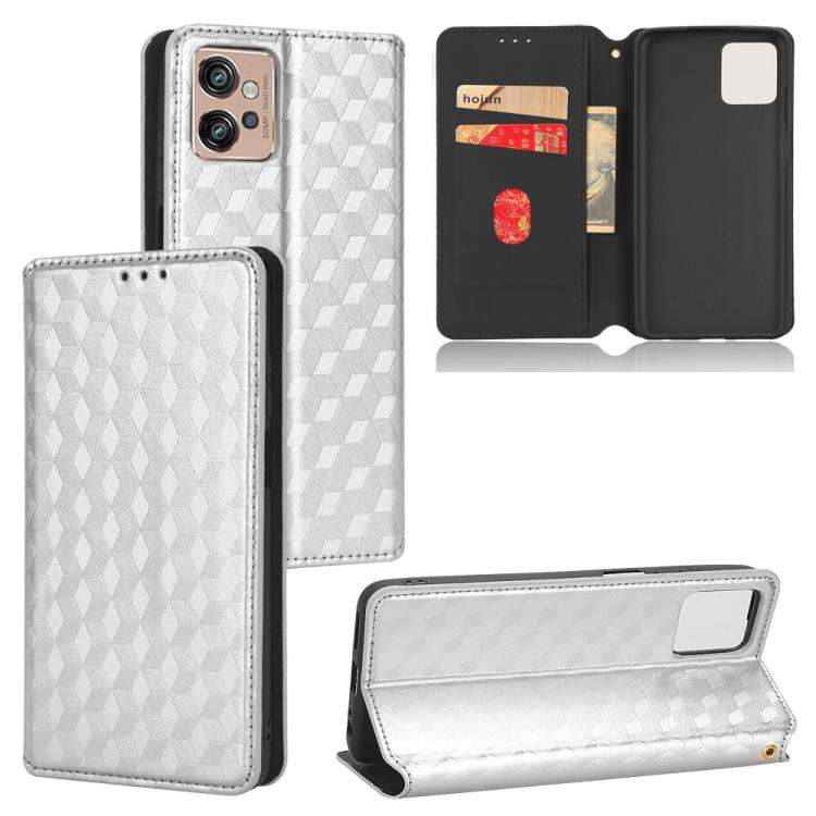 For Motorola Moto G32 4G Cubic Grid Texture Flip Leather Phone Case(Silver)