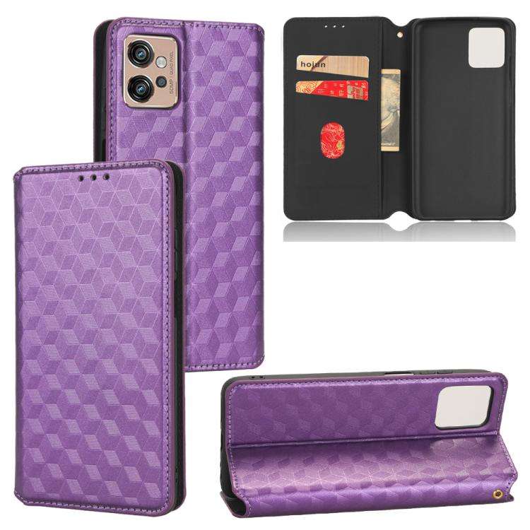 For Motorola Moto G32 4G Cubic Grid Texture Flip Leather Phone Case(Purple)
