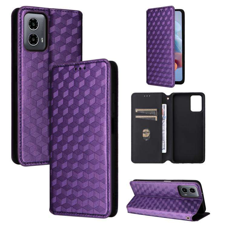 For Motorola Moto G34 5G Cubic Grid Texture Flip Leather Phone Case(Purple)