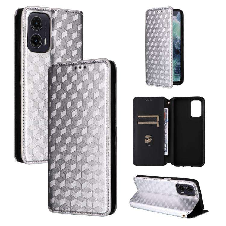For Motorola Moto G35 5G Cubic Grid Texture Flip Leather Phone Case(Silver)