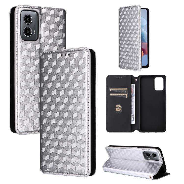 For Motorola Moto G45 5G / G34 5G Cubic Grid Texture Flip Leather Phone Case(Silver)