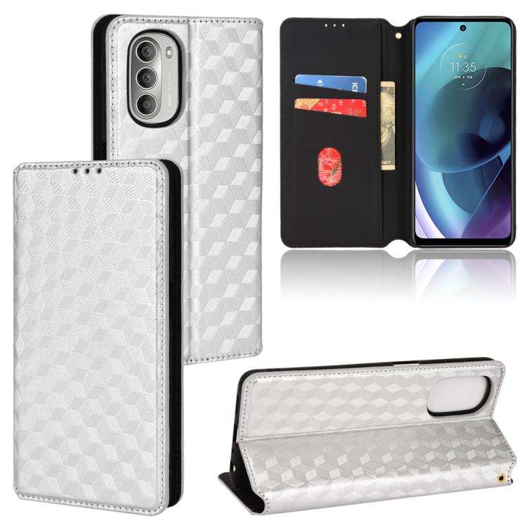 For Motorola Moto G51 Cubic Grid Texture Flip Leather Phone Case(Silver)