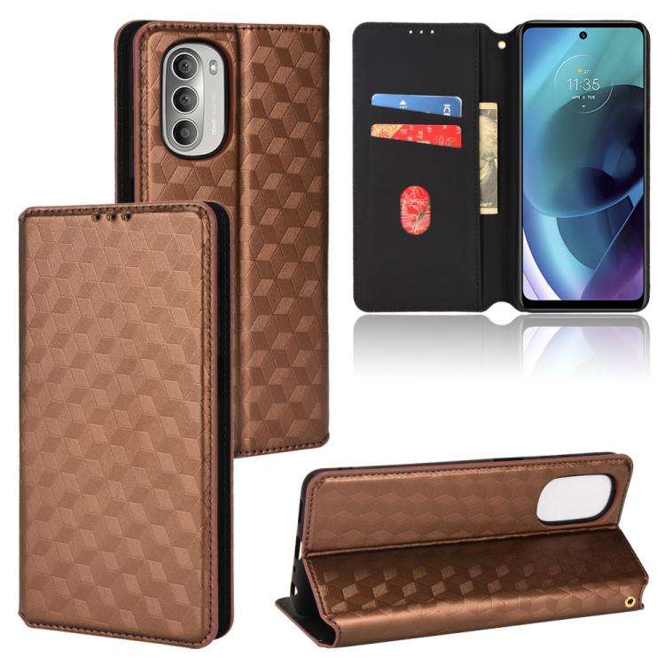 For Motorola Moto G51 Cubic Grid Texture Flip Leather Phone Case(Brown)
