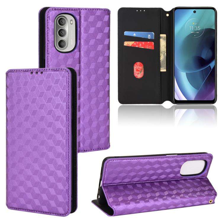 For Motorola Moto G52j 5G Cubic Grid Texture Flip Leather Phone Case(Purple)