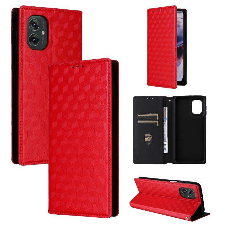 For Motorola Moto G55 5G Cubic Grid Texture Flip Leather Phone Case(Red)