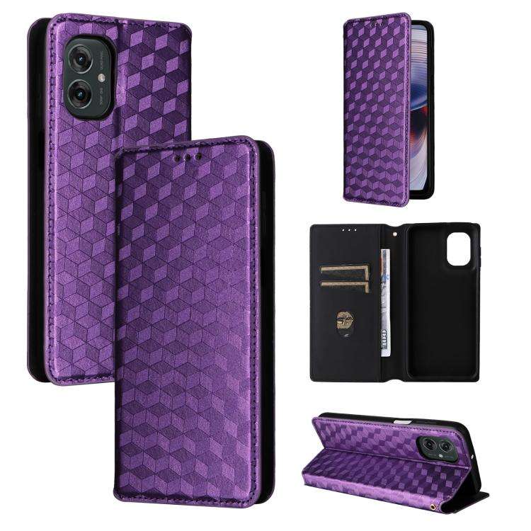 For Motorola Moto G55 5G Cubic Grid Texture Flip Leather Phone Case(Purple)
