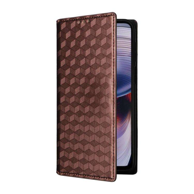 For Motorola Moto G55 5G Cubic Grid Texture Flip Leather Phone Case(Brown)