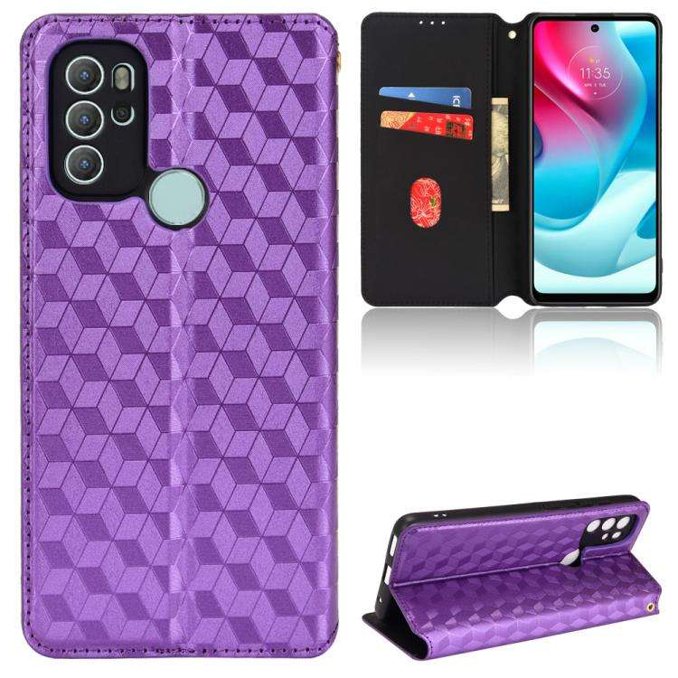 For Motorola Moto G60s Cubic Grid Texture Flip Leather Phone Case(Purple)