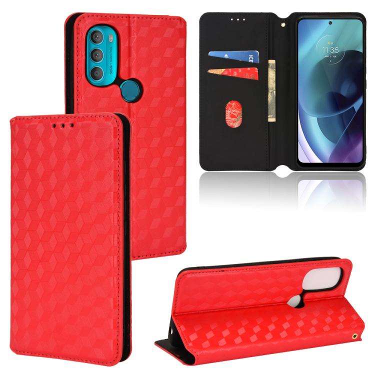 For Motorola Moto G71 5G Cubic Grid Texture Flip Leather Phone Case(Red)