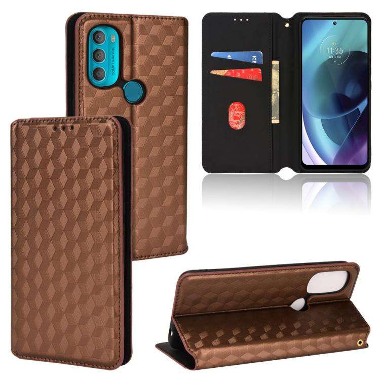 For Motorola Moto G71 5G Cubic Grid Texture Flip Leather Phone Case(Brown)