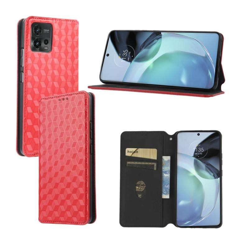 For Motorola Moto G72 4G Cubic Grid Texture Flip Leather Phone Case(Red)
