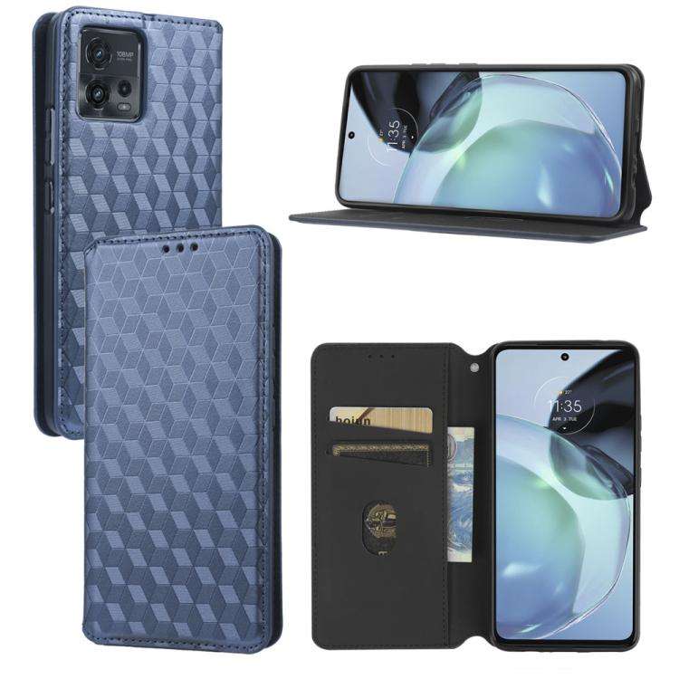 For Motorola Moto G72 4G Cubic Grid Texture Flip Leather Phone Case(Blue)